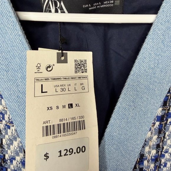 Zara Light Blue and Navy Plaid Tweed Cardigan Jacket size large - Picture 6 of 13